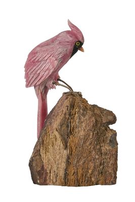un oiseau rose perché sur un rocher, sur fond blanc