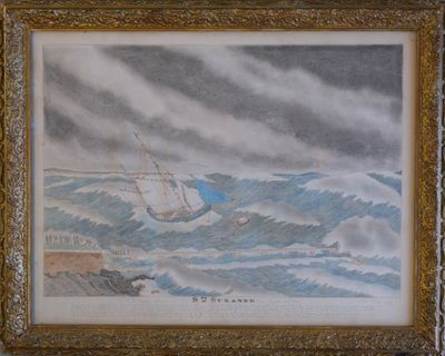 painting of a sailboat in rough seas with a stormy sky