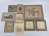 several framed and unframed prints of people and animals