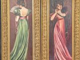 deux tableaux représentant une femme en robe verte et une femme en robe rose