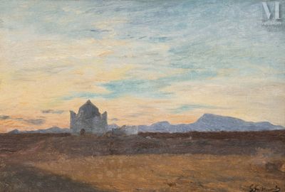 une image représentant un tableau représentant un paysage désertique avec un château au loin