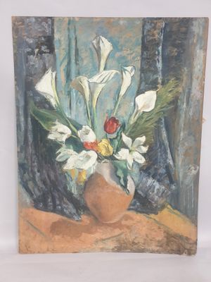 une peinture de fleurs dans un vase sur une table
