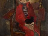 tableau représentant une femme vêtue d'un manteau rouge, assise sur une chaise à côté d'un cheval