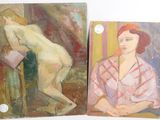 two paintings of a woman sitting on a chair next to a painting of a horse