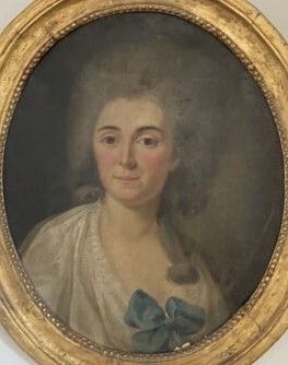 portrait of a lady in a white dress with a blue bow
