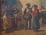 tableau représentant un groupe de personnes debout autour d'un homme qui joue de la guitare