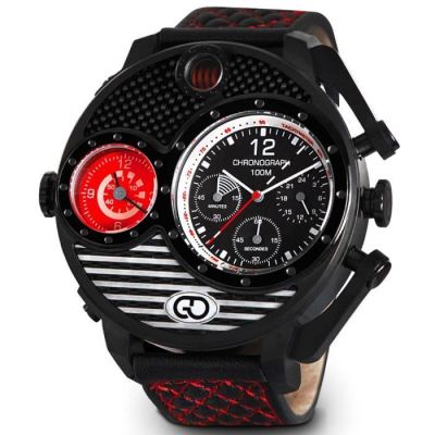 men ' s black and red analog watch with a leather band