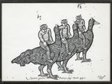 drawing of three monkeys riding on an ostrich
