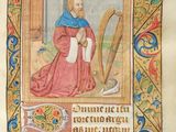 a painting of a man sitting in a chair with a harp