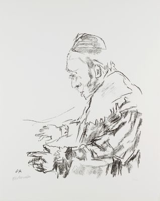 drawing of a man sitting at a table with a cup of coffee