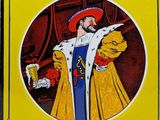an image of a yellow sign with a picture of a man holding a beer
