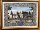 painting of a castle in a frame with a coat of arms on it