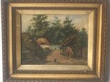une peinture à l'huile représentant une scène de village avec une femme marchant sur un chemin de terre