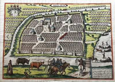 une vieille carte d'une ville où l'on voit beaucoup de gens et d'animaux