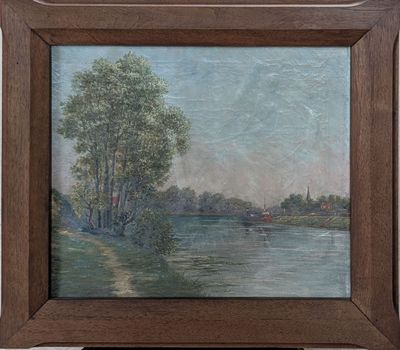a picture of a painting of a river and trees