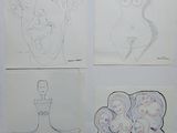 four drawings of a woman with a guitar and a man with a guitar