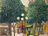 a painting of a street scene with people and trees