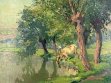 un tableau représentant une vache paissant dans un champ au bord de l'eau