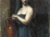 painting of a woman in a blue dress holding a vase