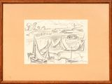 dessin au crayon représentant des bateaux dans un port, avec le ciel en arrière-plan