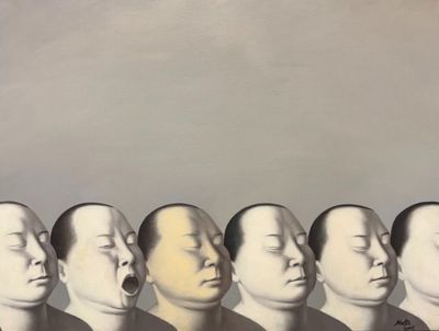 un tableau représentant un groupe d'hommes la bouche ouverte
