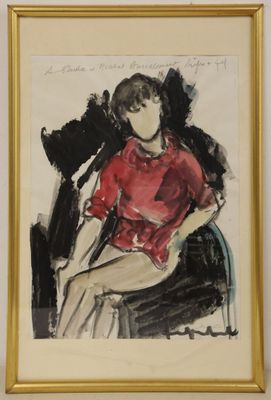peinture d'une femme assise sur une chaise et vêtue d'une chemise rouge