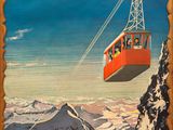 une vieille affiche représentant un téléski à la montagne avec des personnes dessus