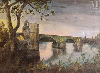 a painting of a bridge over a river with a castle in the background