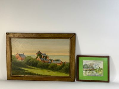 une photo d'un tableau accroché au mur, à côté d'une photo d'une maison