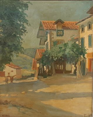 painting of a street scene with a horse and carriage in the foreground