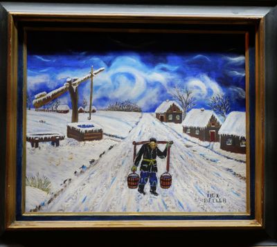 painting of a man carrying two buckets down a snowy road