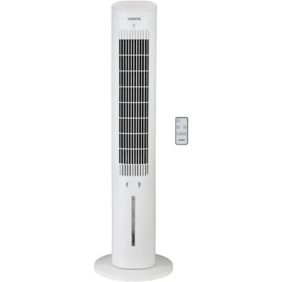 un ventilateur colonne blanc posé sur un pied blanc