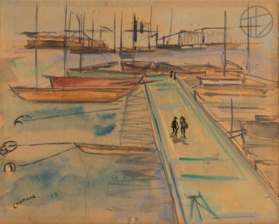 a drawing of a couple walking on a dock