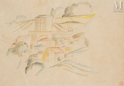 an image of a drawing of a village with a mountain in the background