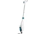 a white and blue steam mop sitting on top of a white floor