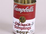 campbell ' s chicken noodle dumpling soup in a can on a white background