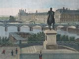 a painting of a statue of a man on a bridge