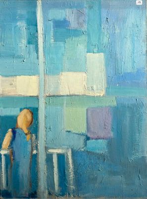 a painting of a person sitting at a table