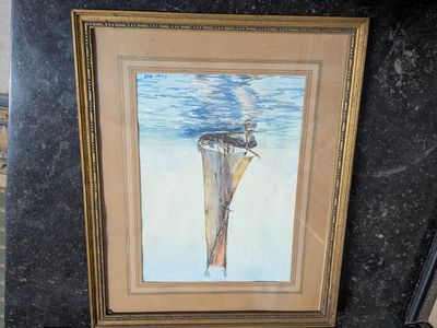 painting of an umbrella floating in the water on a marble table