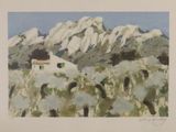 une image représentant une peinture d'une chaîne de montagnes avec une maison au premier plan