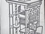 a cardboard box with a drawing of a fire station on it