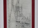 drawing of a castle with a clock tower in a red frame