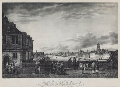 drawing of a view of a city with a river and a bridge