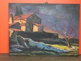 tableau représentant une maison sur une colline, avec un arbre au premier plan