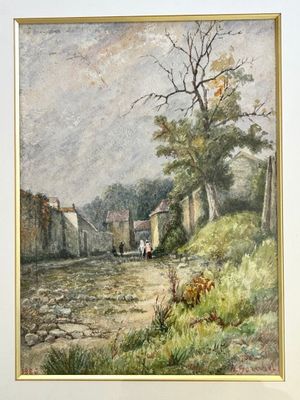 painting of a village scene with a horse drawn carriage in the foreground and a man on a horse drawn carriage in the foreground