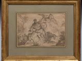 an image of a drawing of a man on a horse in a wooded area