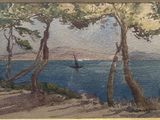 a painting of a boat in the water near some trees