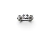 a close up of a silver ring with diamonds on a white background