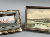 two framed paintings of boats on a river and a boat in the water