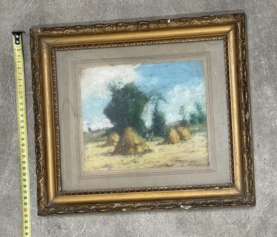 an oil painting of a field with hay bales and trees